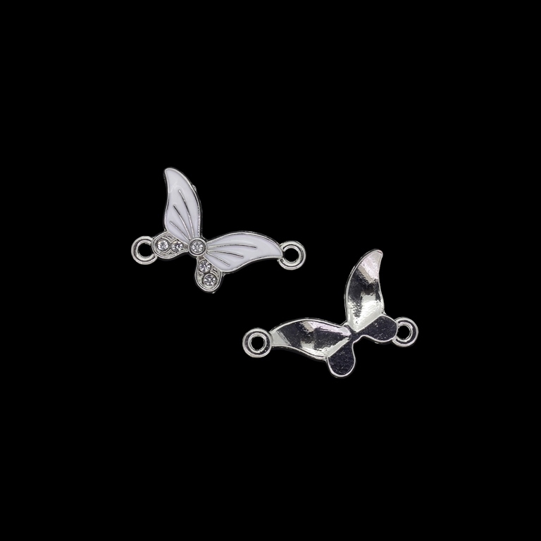 METAL BEADS WITH ENAMEL AND CRYSTALS - CONNECTING ELEMENT WITH 2 RINGS - BUTTERFLY 06 - 25x16x3mm NICKEL AND WHITE - 4pcs. Hole-1.9mm