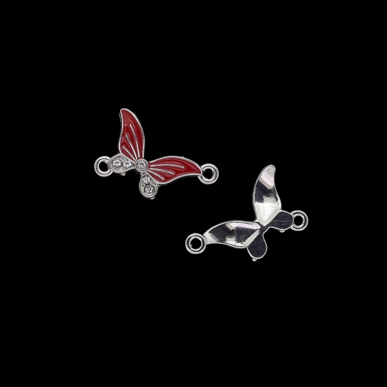 METAL BEADS WITH ENAMEL AND CRYSTALS - CONNECTING ELEMENT WITH 2 RINGS - BUTTERFLY 06 - 25x16x3mm NICKEL AND RED - 4pcs. Hole-1.9mm