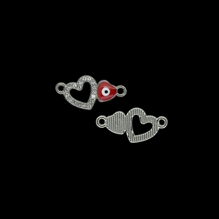 METAL BEADS WITH ENAMEL AND CRYSTALS - CONNECTING ELEMENT WITH 2 RINGS - HEARTS - CONTOUR AND EYE - 25x12x2mm NICKEL AND RED - 3pcs. Hole-1.9mm