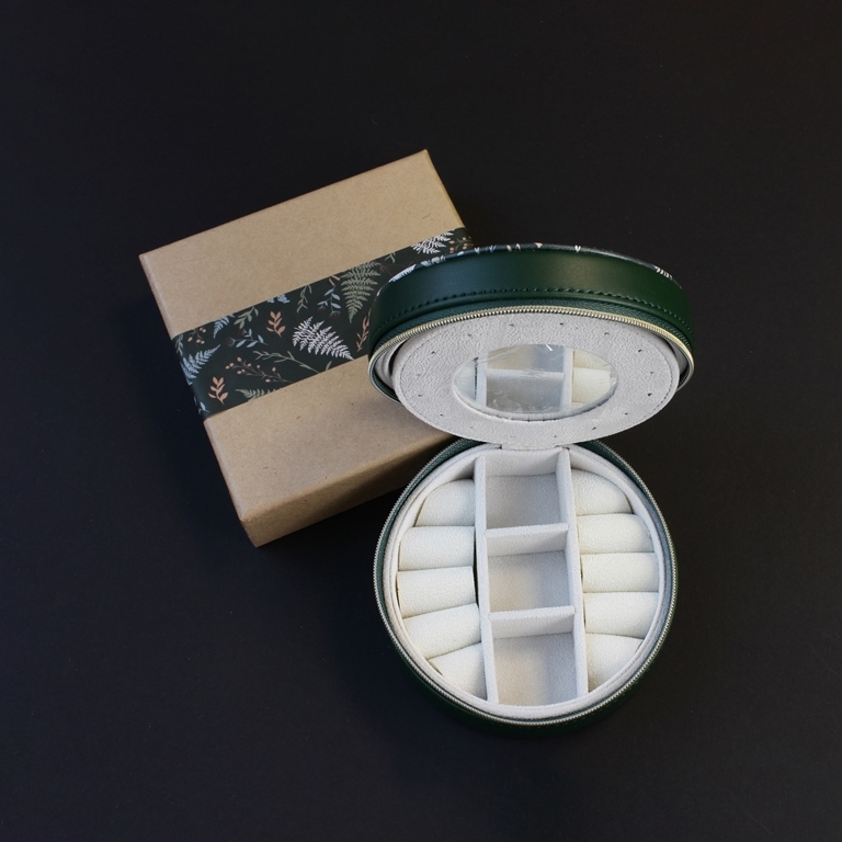 JEWELRY STORAGE BOX - FULL ROUND - FOREST LEAVES BACK TO NATURE - 12x6.5cm GREEN (DARK) - PACKAGE 3pcs.