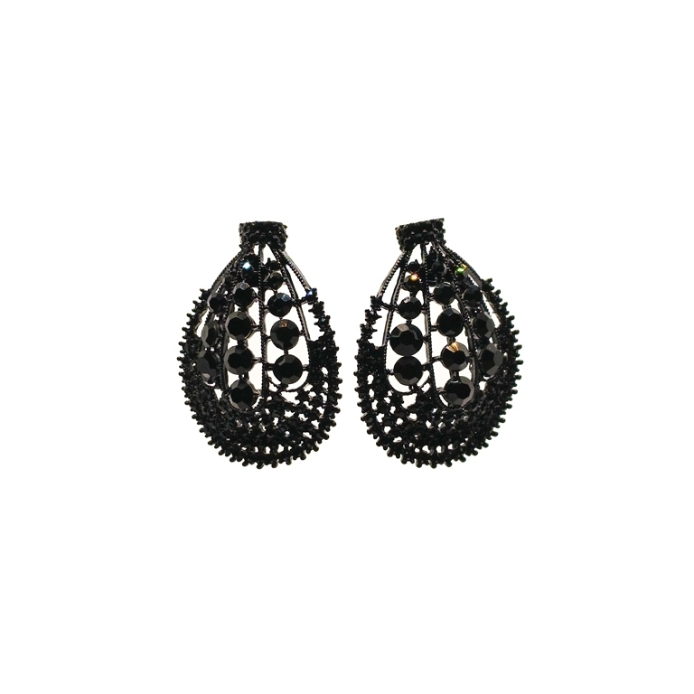 JEWELRY - EARRINGS - SCREW - CRYSTALS - E124 - 3.2x4.0cm BLACK - PACKAGE 6 pairs