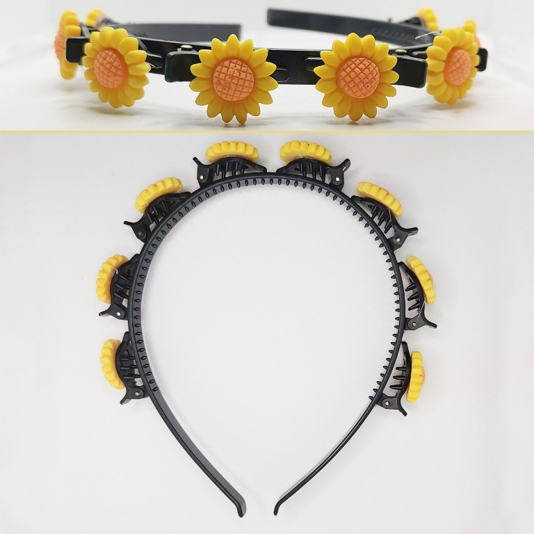 JEWELRY - ACCESSORY FOR HAIR - TIARA WITH HAIR CLIPS - PLASTIC - FLOWER D001 - BLACK AND YELLOW - PACKAGE 6pcs.