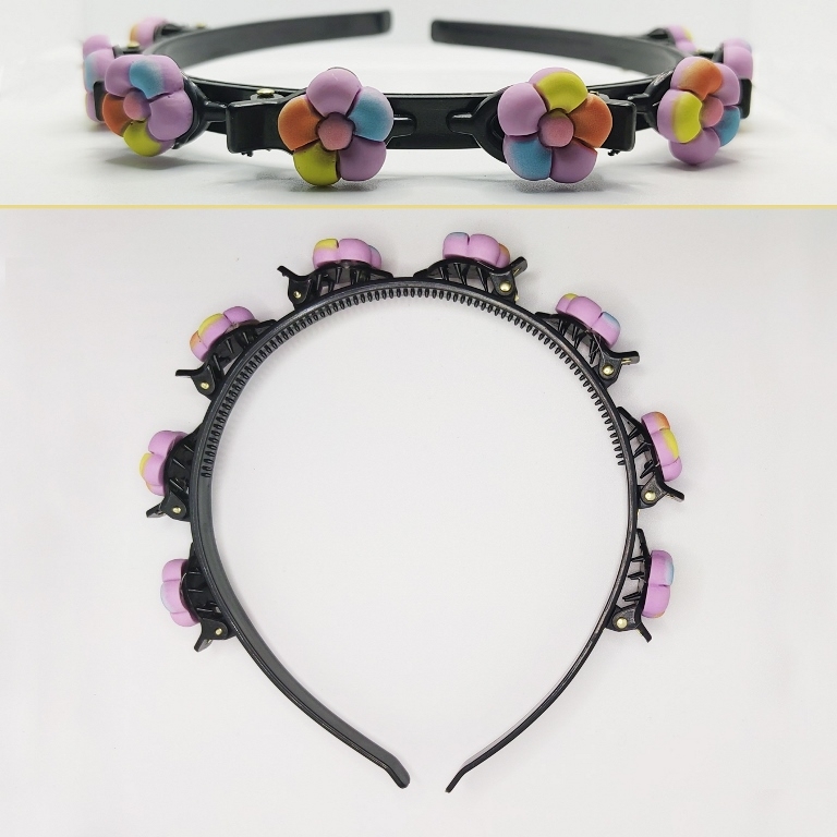 JEWELRY - ACCESSORY FOR HAIR - TIARA WITH HAIR CLIPS - PLASTIC - FLOWER D003 - BLACK AND COLORFUL - 1pc.