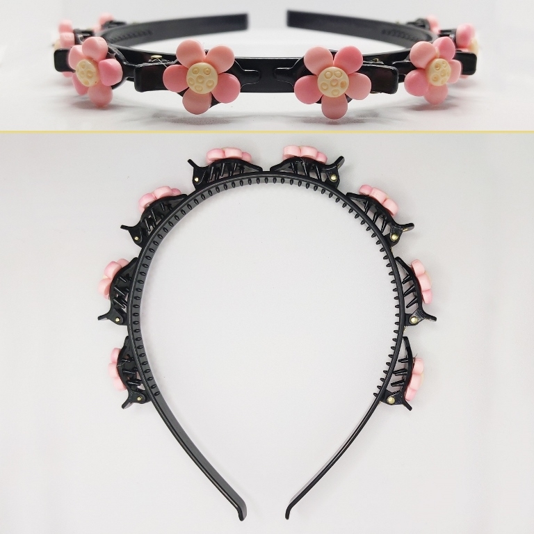 JEWELRY - ACCESSORY FOR HAIR - TIARA WITH HAIR CLIPS - PLASTIC - FLOWER D004 - BLACK AND PINK - PACKAGE 6pcs.