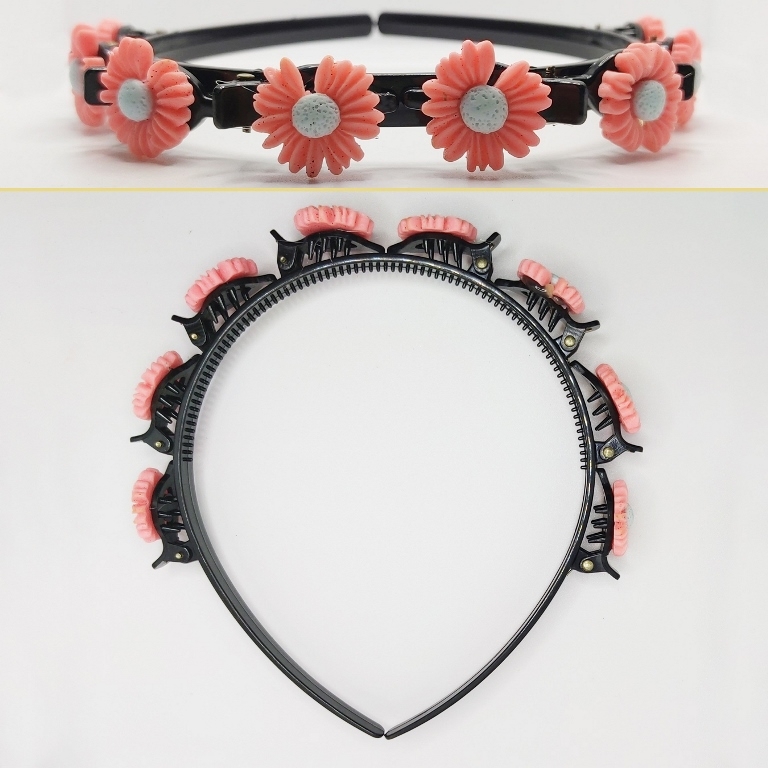 JEWELRY - ACCESSORY FOR HAIR - TIARA WITH HAIR CLIPS - PLASTIC - FLOWER D005 - BLACK AND CORAL (LIGHT) - PACKAGE 6pcs.