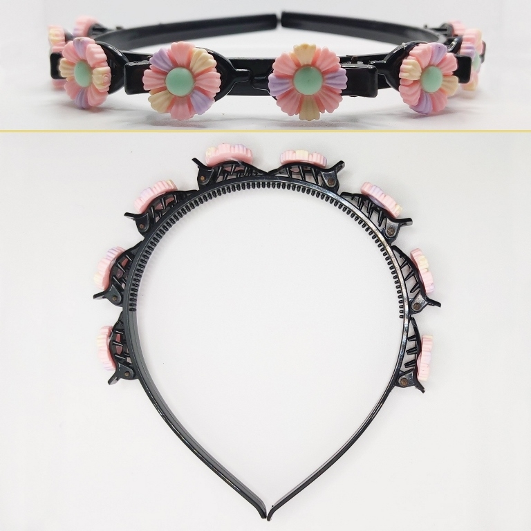 JEWELRY - ACCESSORY FOR HAIR - TIARA WITH HAIR CLIPS - PLASTIC - FLOWER D006 - BLACK AND COLORFUL - 1pc.