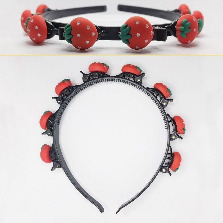 JEWELRY - ACCESSORY FOR HAIR - TIARA WITH HAIR CLIPS - PLASTIC - STRAWBERRY D008 - BLACK AND RED - 1pc.