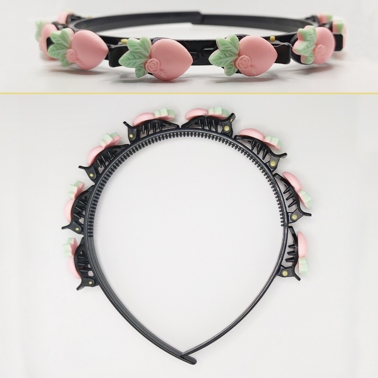 JEWELRY - ACCESSORY FOR HAIR - TIARA WITH HAIR CLIPS - PLASTIC - STRAWBERRY D013 - BLACK AND PINK - 1pc.