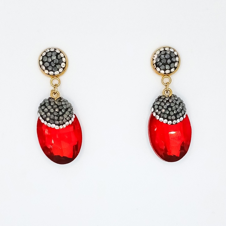 JEWELRY - EARRINGS - SCREW - CHAIN WITH CRYSTALS - ELLIPSE E151 - 1.8x4.7cm GOLD AND RED - PACKAGE 6 pairs