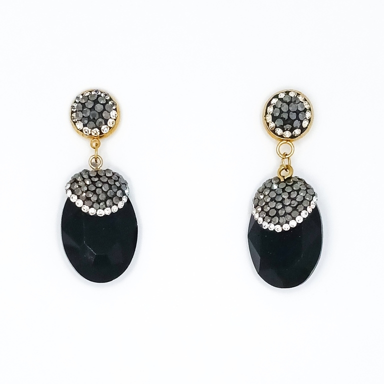 JEWELRY - EARRINGS - SCREW - CHAIN WITH CRYSTALS - ELLIPSE E151 - 1.8x4.7cm GOLD AND BLACK - PACKAGE 6 pairs