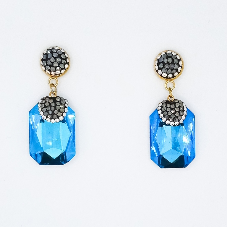 JEWELRY - EARRINGS - SCREW - CHAIN WITH CRYSTALS - RECTANGLE E161 - 1.9x4.8cm GOLD AND BLUE (LIGHT) - 1 pair