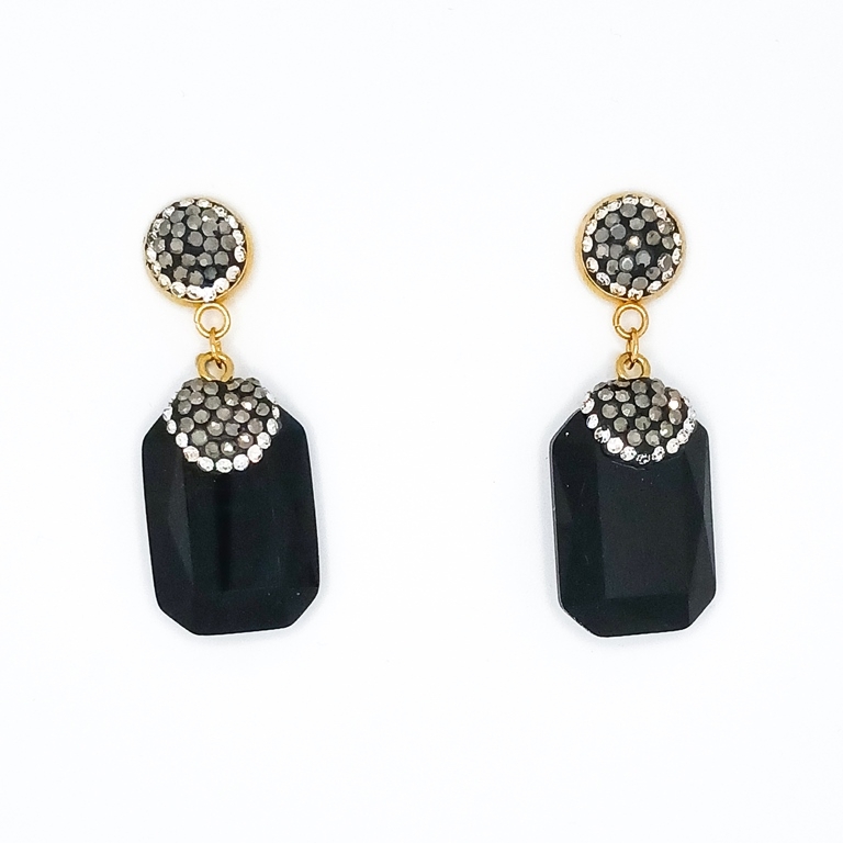 JEWELRY - EARRINGS - SCREW - CHAIN WITH CRYSTALS - RECTANGLE E161 - 1.9x4.8cm GOLD AND BLACK - 1 pair