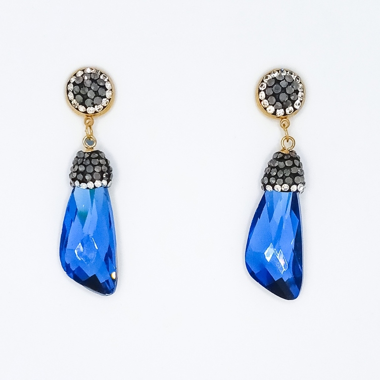 JEWELRY - EARRINGS - SCREW - CHAIN WITH CRYSTALS - TRIANGLE E157 - 1.5x4.9cm GOLD AND BLUE (DARK) - PACKAGE 6 pairs