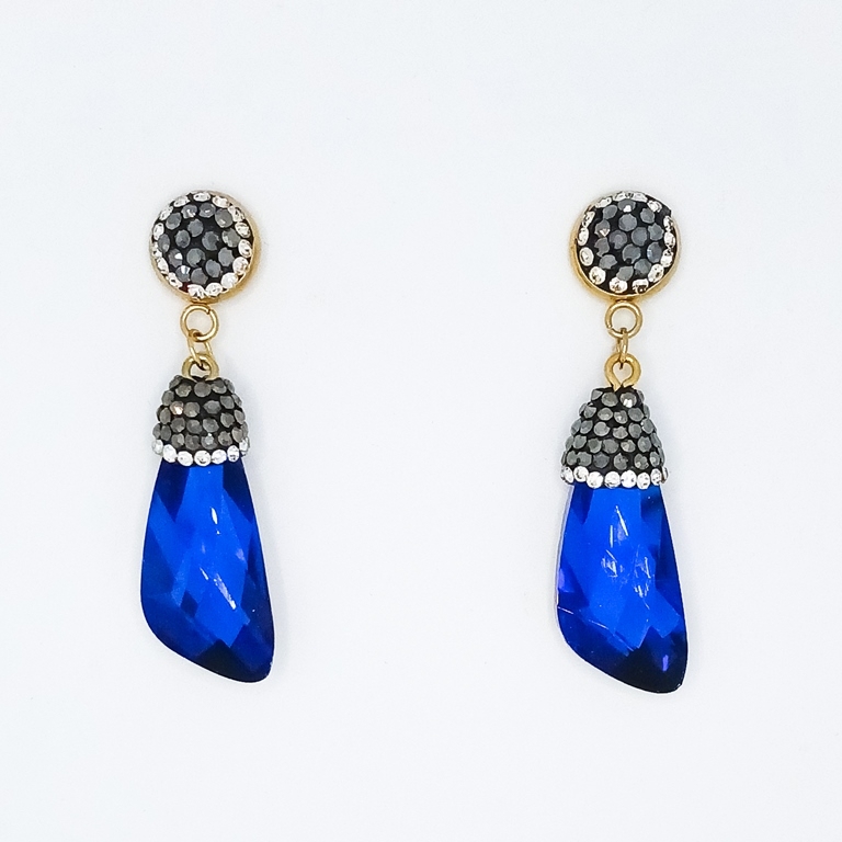 JEWELRY - EARRINGS - SCREW - CHAIN WITH CRYSTALS - TRIANGLE E157 - 1.5x4.9cm GOLD AND BLUE - 1 pair