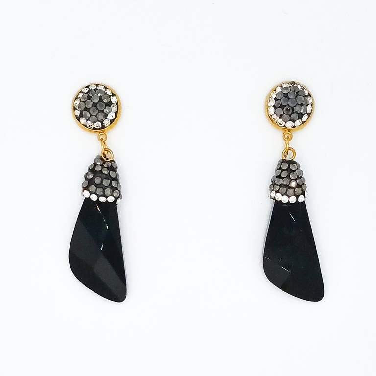 JEWELRY - EARRINGS - SCREW - CHAIN WITH CRYSTALS - TRIANGLE E157 - 1.5x4.9cm GOLD AND BLACK - 1 pair