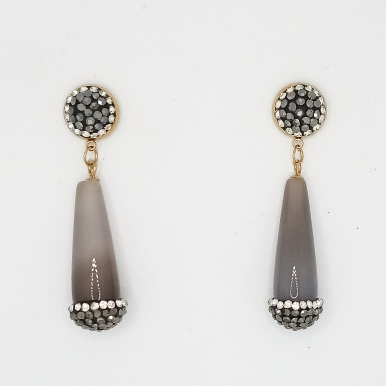 JEWELRY - EARRINGS - SCREW - STAINLESS STEEL WITH NATURAL STONE AND CRYSTALS - AGATE E171 - 1.8x5.5cm GOLD AND GRAY (LIGHT) - 1 pair