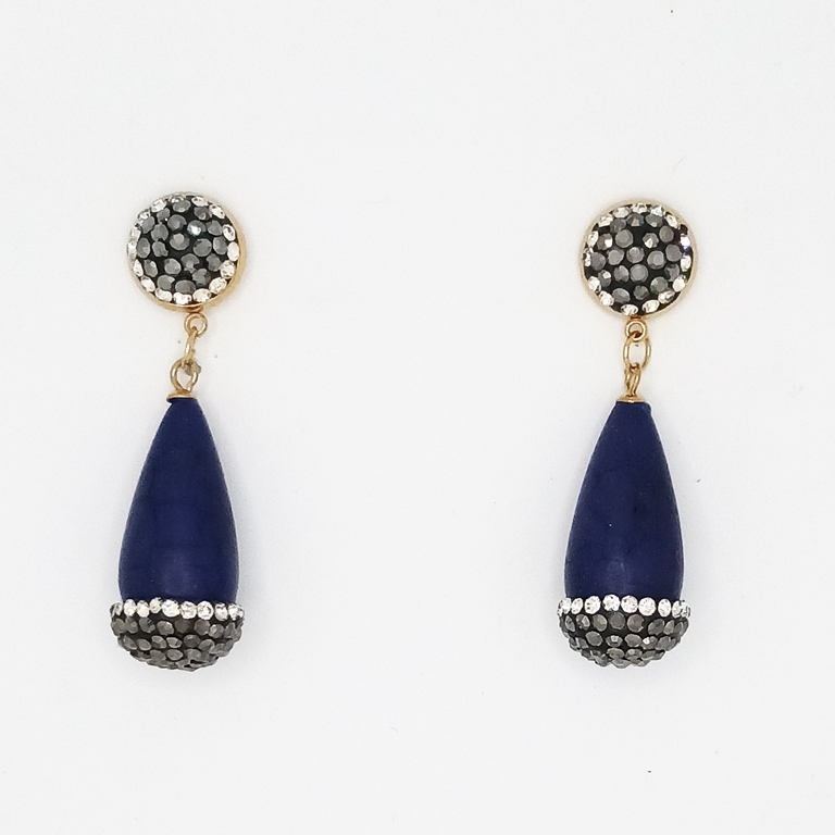 JEWELRY - EARRINGS - SCREW - STAINLESS STEEL WITH NATURAL STONE AND CRYSTALS - NATURAL STONE E166 - 1.6x4.8cm GOLD AND BLUE (DARK) - 1 pair