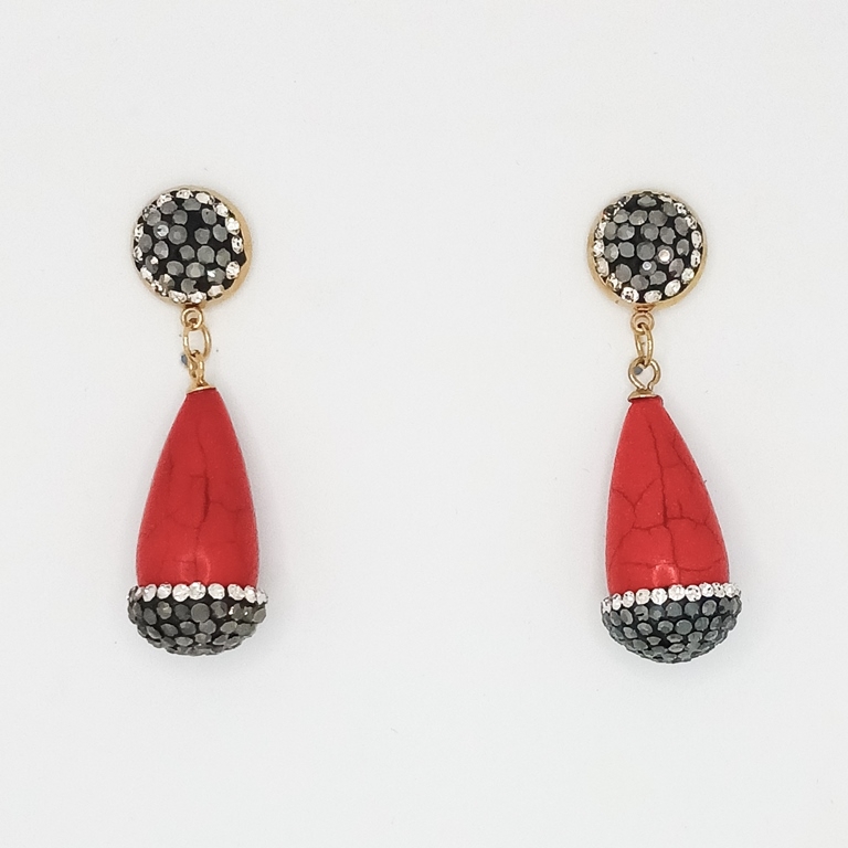 JEWELRY - EARRINGS - SCREW - STAINLESS STEEL WITH NATURAL STONE AND CRYSTALS - NATURAL STONE E166 - 1.6x4.8cm GOLD AND RED - 1 pair