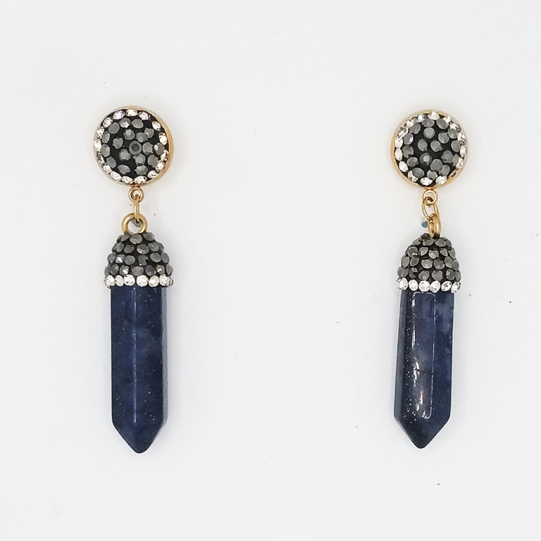 JEWELRY - EARRINGS - SCREW - STAINLESS STEEL WITH NATURAL STONE AND CRYSTALS - LAZURITE E174 - 1.1x5.5cm GOLD AND BLUE (DARK) - 1 pair