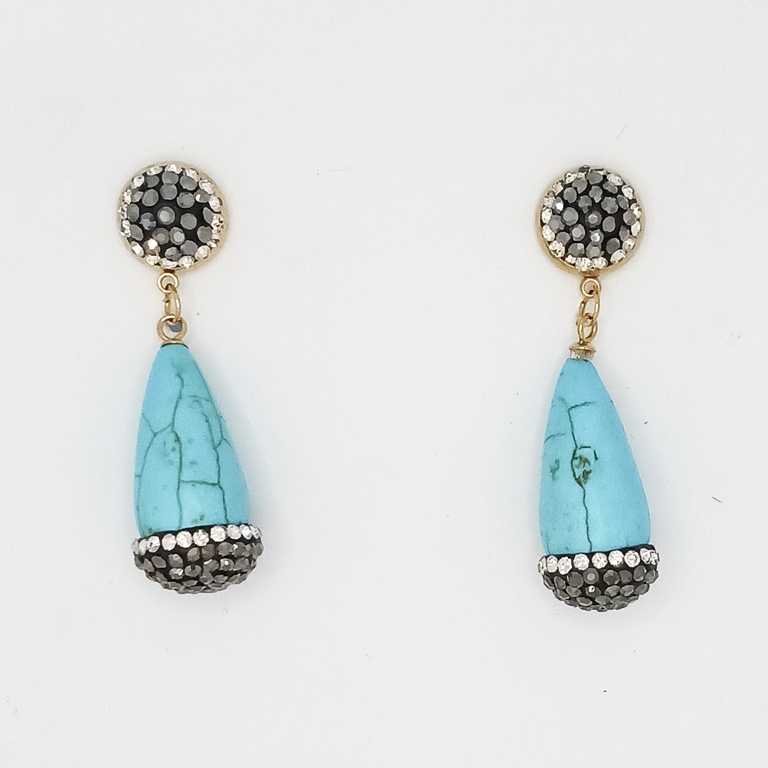 JEWELRY - EARRINGS - SCREW - STAINLESS STEEL WITH NATURAL STONE AND CRYSTALS - TURQUOISE E166 - 1.6x4.8cm GOLD AND BLUE (LIGHT) - PACKAGE 6 pairs