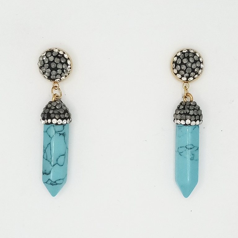 JEWELRY - EARRINGS - SCREW - STAINLESS STEEL WITH NATURAL STONE AND CRYSTALS - TURQUOISE E174 - 1.1x5.5cm GOLD AND BLUE (LIGHT) - 1 pair