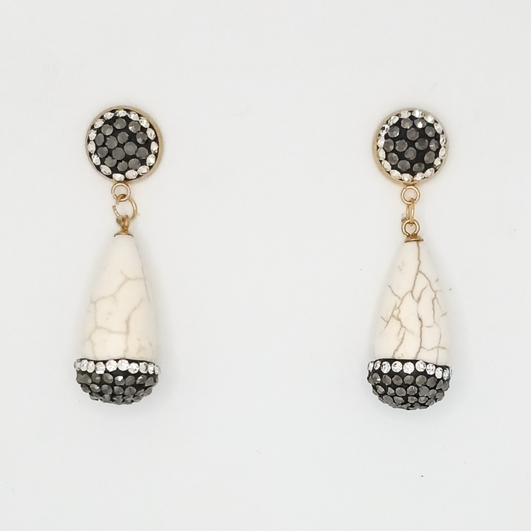 JEWELRY - EARRINGS - SCREW - STAINLESS STEEL WITH NATURAL STONE AND CRYSTALS - HOWLITE E166 - 1.6x4.8cm GOLD AND WHITE - PACKAGE 6 pairs