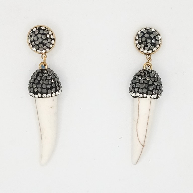 JEWELRY - EARRINGS - SCREW - STAINLESS STEEL WITH NATURAL STONE AND CRYSTALS - HOWLITE E179 - 1.6x6.2cm GOLD AND WHITE - PACKAGE 6 pairs