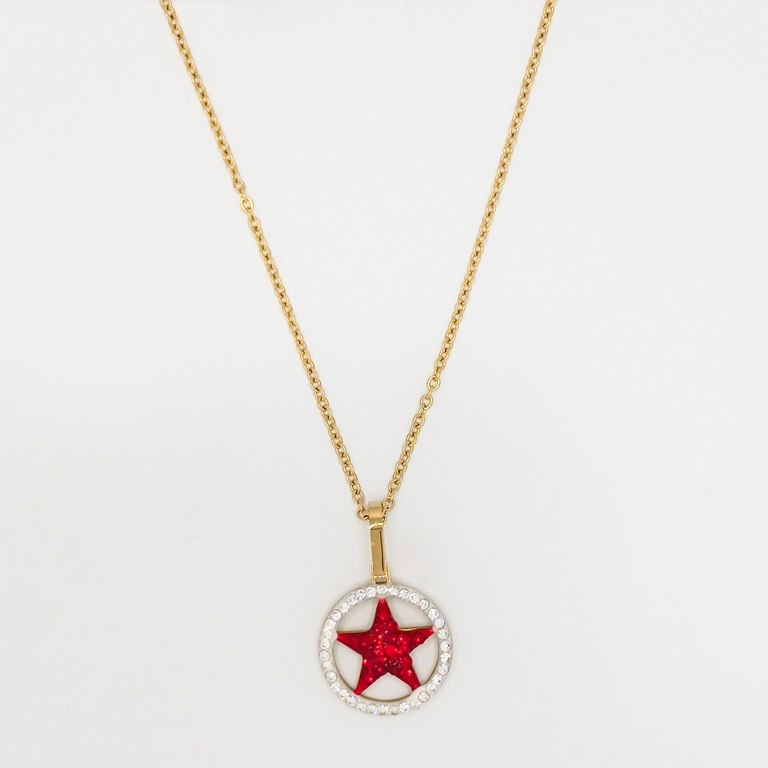 JEWELRY - NECKLACE - STAINLESS STEEL WITH CRYSTALS - STAR IN A CIRCLE К008 - 1.6x2.5cm GOLD-RED-WHITE - 1pc.