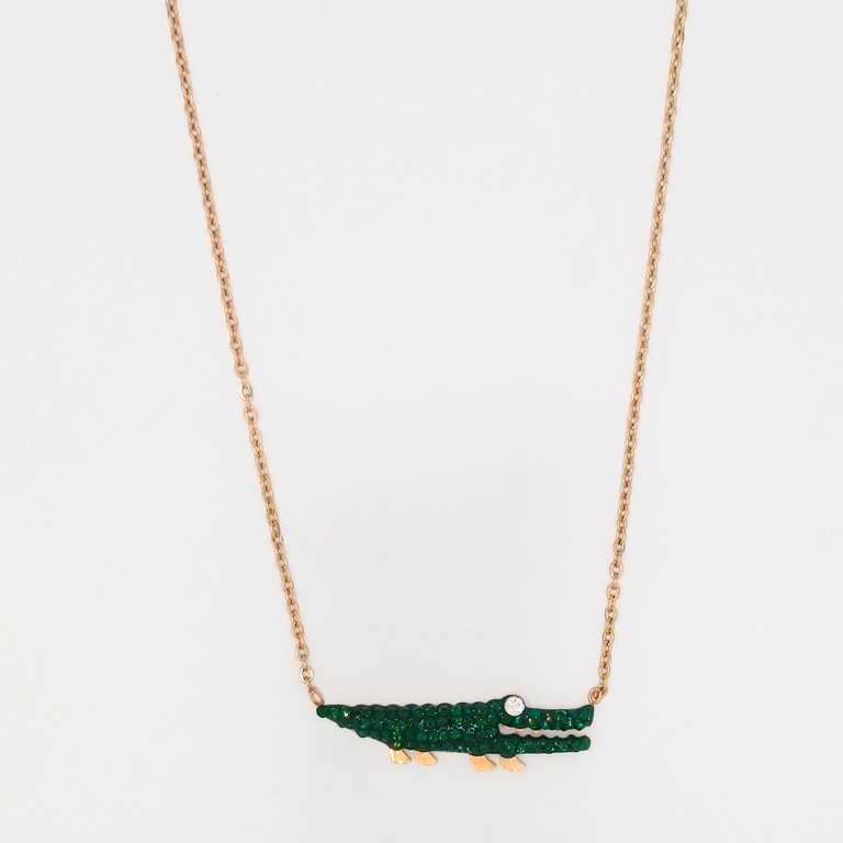 JEWELRY - NECKLACE - STAINLESS STEEL WITH CRYSTALS - CROCODILE К005 - 2.9x0.9cm ROSE GOLD AND GREEN (DARK) - PACKAGE 6pcs.