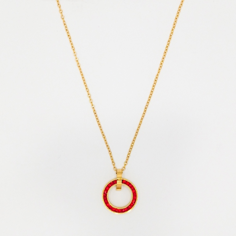 JEWELRY - NECKLACE - STAINLESS STEEL WITH CRYSTALS - CIRCLE К009 - 1.4x1.6cm GOLD AND RED - 1pc.