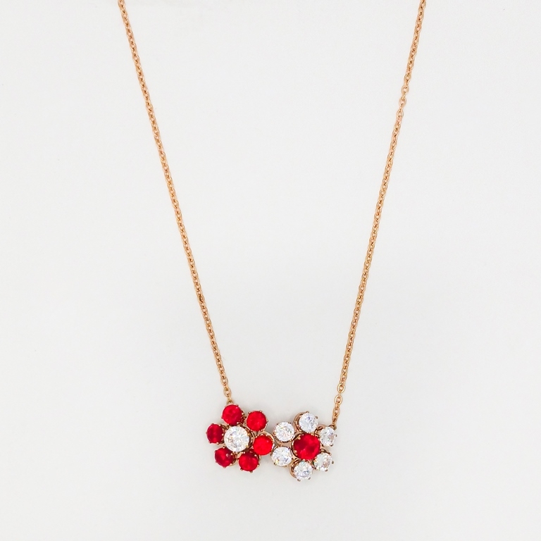 JEWELRY - NECKLACE - STAINLESS STEEL WITH CRYSTALS - FLOWERS К007 - 2.3x1.3cm ROSE GOLD-RED-WHITE - 1pc.