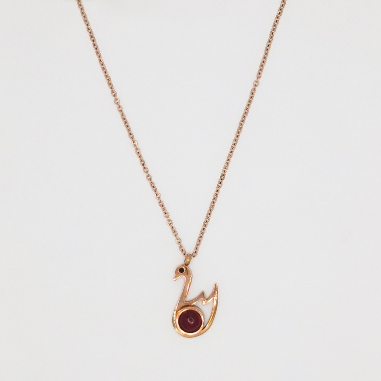 JEWELRY - NECKLACE - STAINLESS STEEL AND CAT'S EYE - SWAN К046 - 1.1x1.7cm ROSE GOLD AND RED - 1pc.