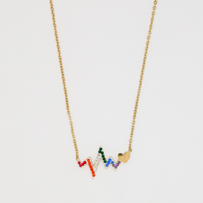 JEWELRY - NECKLACE - STAINLESS STEEL WITH CRYSTALS - PULSE AND HEART К028 - 2.9x1.5cm GOLD AND COLORFUL - 1pc.