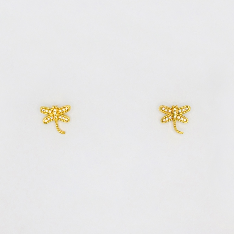 JEWELRY - EARRINGS - SCREW - ZIRCON - DRAGONFLY Е198 - 1.2x1.2cm GOLD - 1 pair