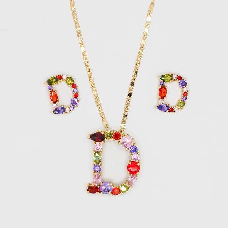 JEWELRY - SET - BRASS WITH ZIRCON - LETTER D S03 - GOLD - 1 set