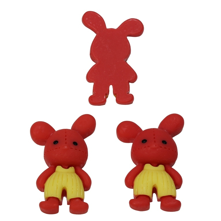 PLASTIC BEADS - RESIN 3D - FOR GLUING - BUNNY WITH JUMPSUIT 01 - 22x33x10mm RED (LIGHT) AND YELLOW - PACKAGE 30pcs.