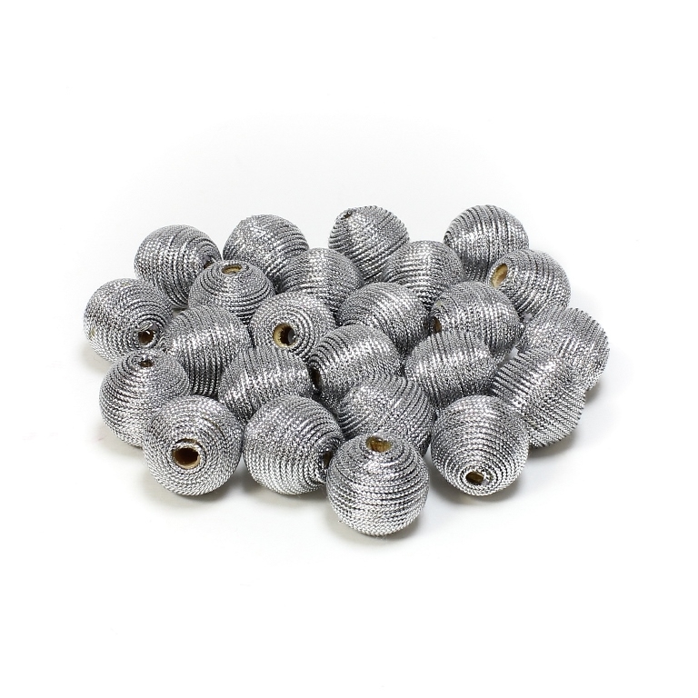 BALL WITH THREAD - LAME 02 - 14mm - SILVER - PACKAGE 100pcs. Hole-3.5mm