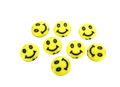 ACRYLIC BEADS - SMILEY FACE - DISK - 14x5mm YELLOW WITH BLACK - 50 g Hole-2.0mm (85pcs.)