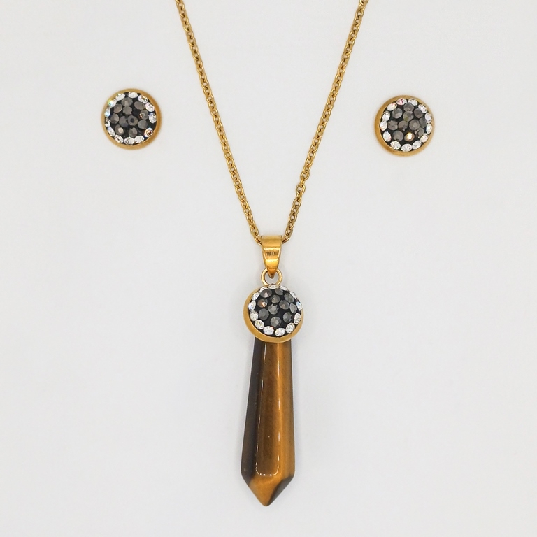 JEWELRY - SET - STAINLESS STEEL AND NATURAL STONE - HEXAGON S26 - GOLD AND TIGER EYE - PACKAGE (6 sets)