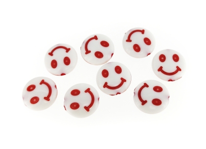 ACRYLIC BEADS - SMILEY FACE - DISK - 14x5mm WHITE WITH RED - 50 g Hole-2.0mm (85pcs.)