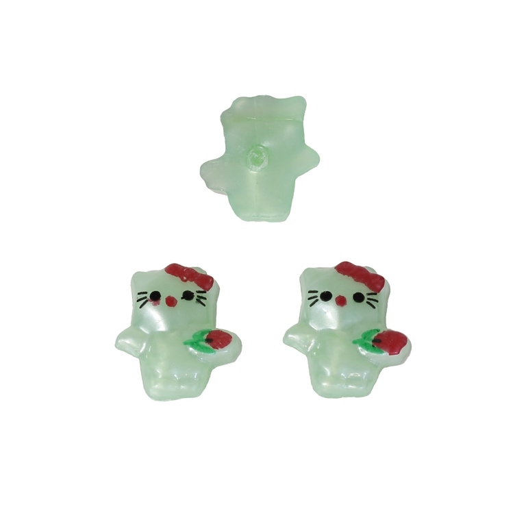 PLASTIC BEADS FOR GLUING - FIGURINES - KITTY WITH FLOWER 01 - 18x16mm GREEN (LIGHT) AND RED - PACKAGE 200g (365pcs.)