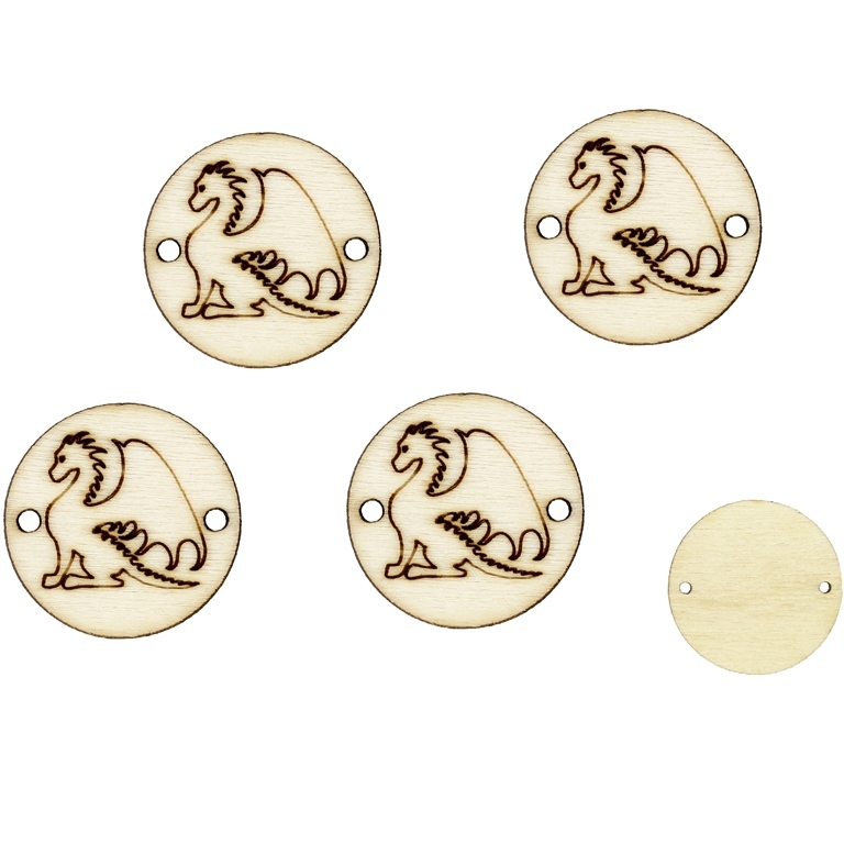 LASER CUT WOODEN FIGURES - ROUND 20mm - DRAGON 01 - NATURAL - PACKAGE 100pcs. Hole-1.5mm