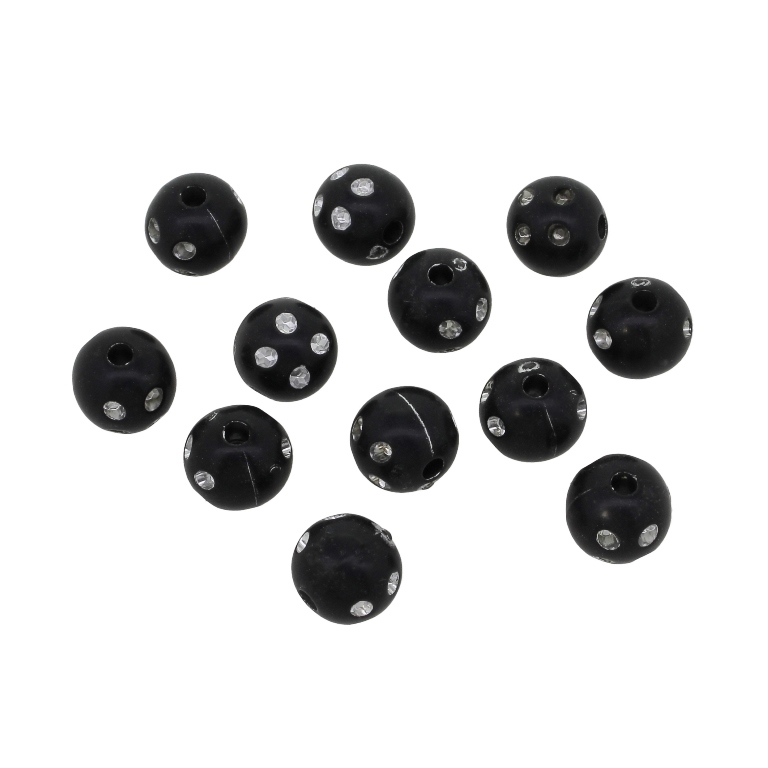 OPAQUE SILVER WASHED PLASTIC BEADS - SILVER THREAD - BALL 4 DOTS - 10mm BLACK - 50g Hole-2.5mm (106pcs.)