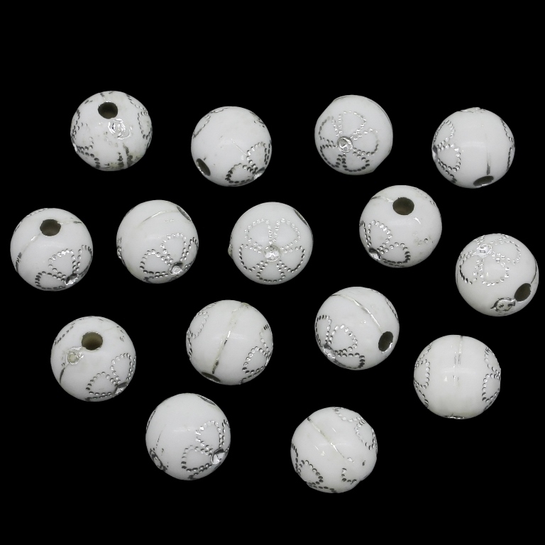 OPAQUE SILVER WASHED PLASTIC BEADS - SILVER THREAD - BALL FLOWER 02 - 10mm WHITE - PACKAGE 500g Hole-2.5mm (1000pcs.)