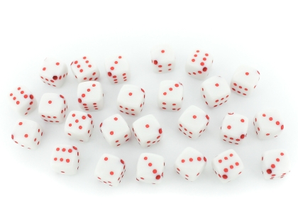 ACRYLIC BEADS - DICE - 11x6x8mm WHITE WITH RED - 50 g Hole-1.5mm (90pcs.)