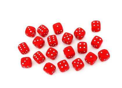 ACRYLIC BEADS - DICE - 11x6x8mm RED WITH WHITE - 50 g Hole-1.5mm (90pcs.)