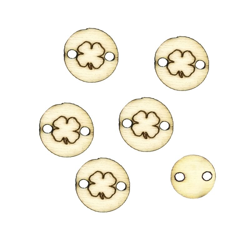 LASER CUT WOODEN FIGURES - ROUND 12mm - CLOVER 02 - NATURAL - PACKAGE 200pcs. Hole-1.0mm