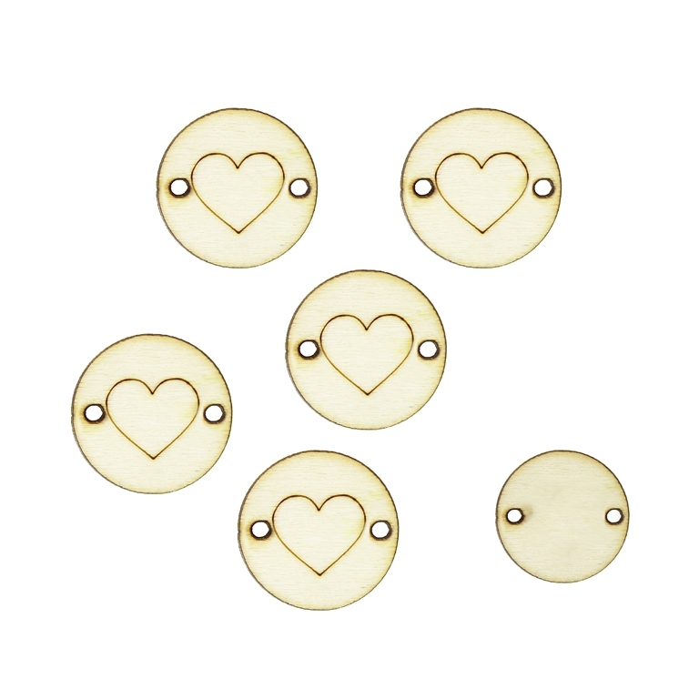 LASER CUT WOODEN FIGURES - ROUND 12mm - HEART - NATURAL - 20pcs. Hole-1.0mm