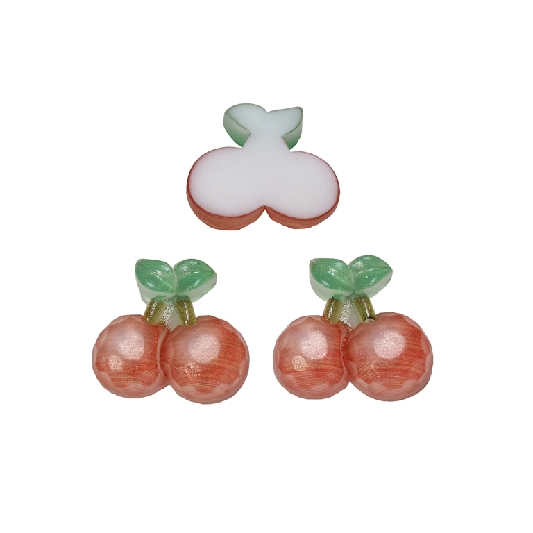 PLASTIC BEADS - RESIN 3D - FOR GLUING - CHERRIES 05 TRANSPARENT - 21x20x6мм RED (LIGHT) AND GREEN (LIGHT) - PACKAGE 40pcs.