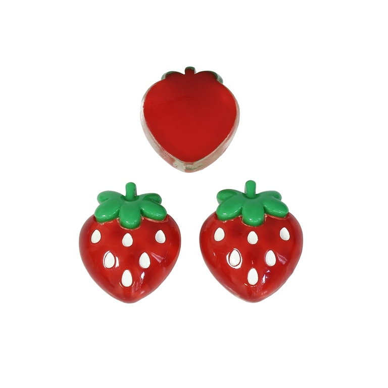 PLASTIC BEADS - RESIN 3D - FOR GLUING - STRAWBERRY 12 TRANSPARENT - 19x22x10мм RED AND GREEN - PACKAGE 40pcs.